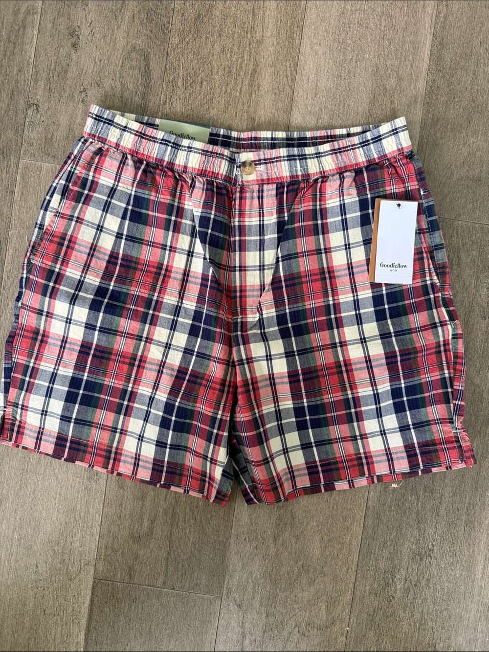 Goodfellow & Co Red Navy Cream Plaid Cotton Hybrid Shorts